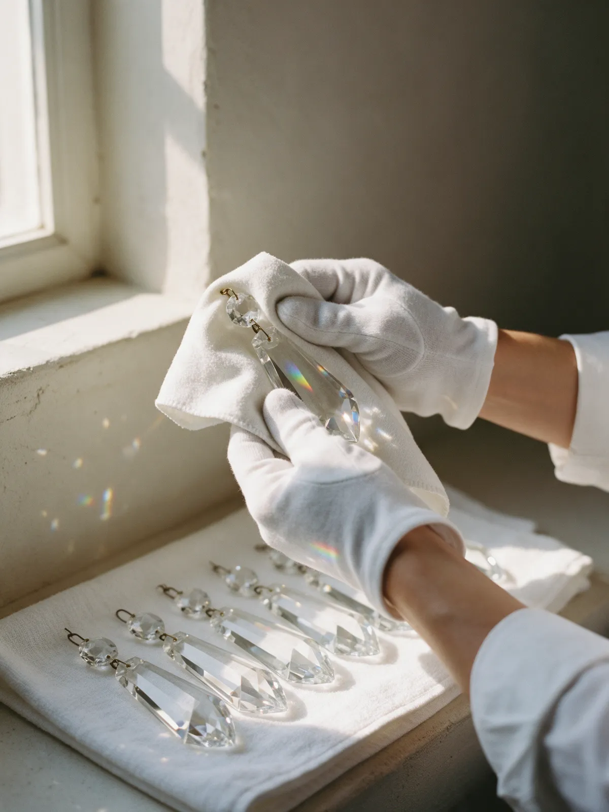 Gloved hands polishing a crystal prism with a soft cloth beside a window, more prisms laid out on a white towel.