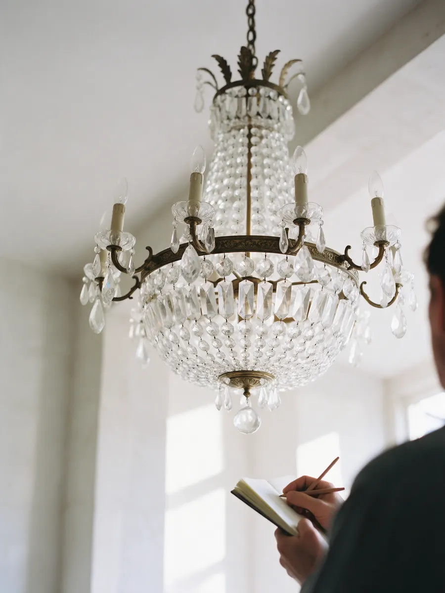 Looking up at a crystal chandelier while a man takes notes in a small notebook.