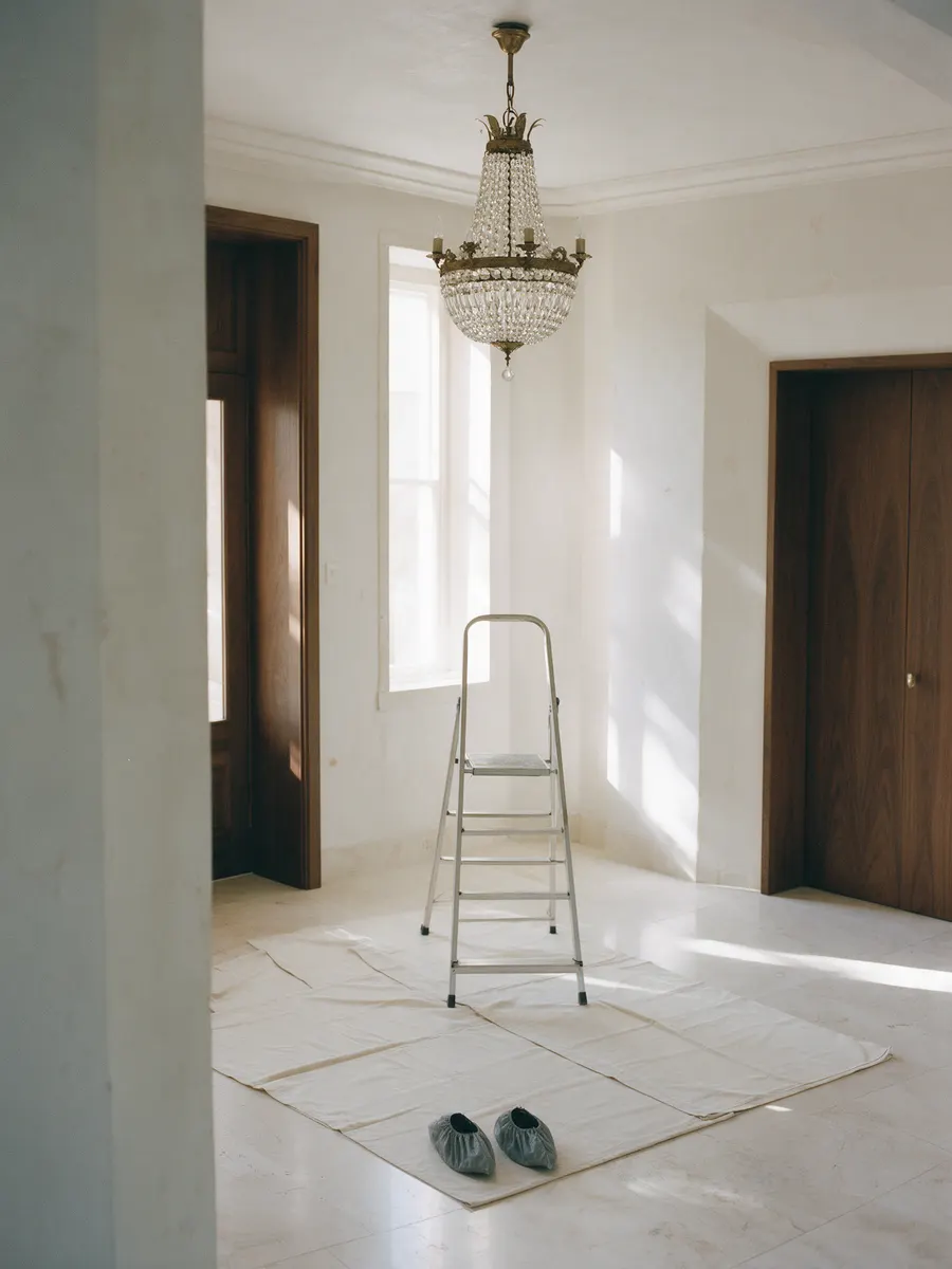 Drop cloths spread on a marble floor under a chandelier, a step ladder and shoe covers.