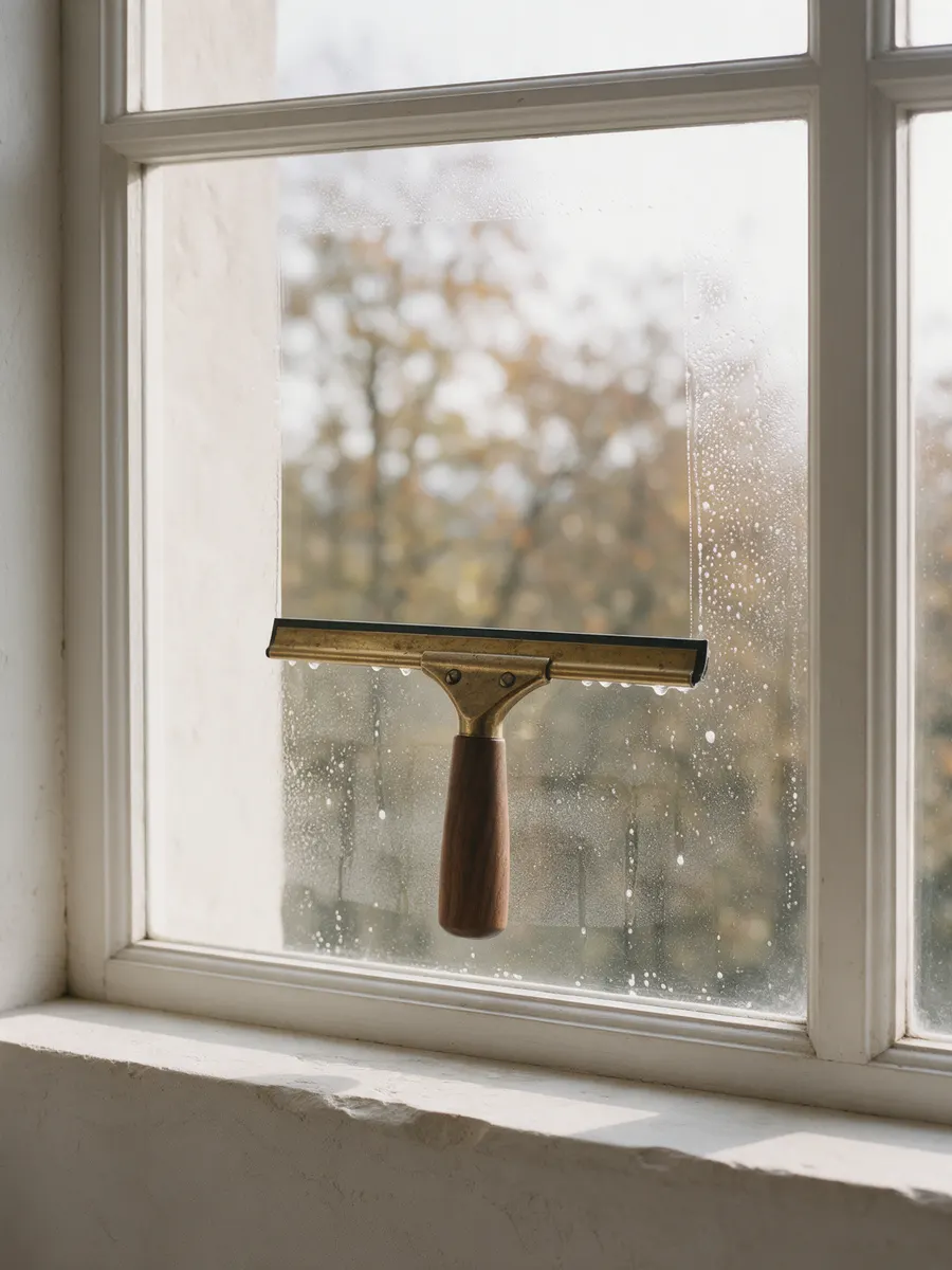 A brass squeegee drawing a clean strip across a wet window pane.